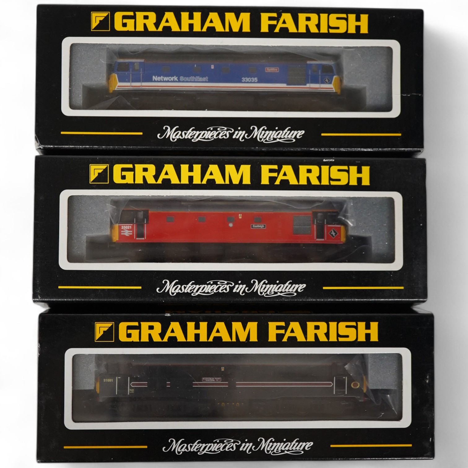 Three boxed Graham Farish N gauge railway diesel locomotives; Class 33, 33035 Spitfire (371-127), Class 33, 33021 Eastleigh (371-126) and Class 31, 31601 Bletchley Park (371-100). Condition - good.